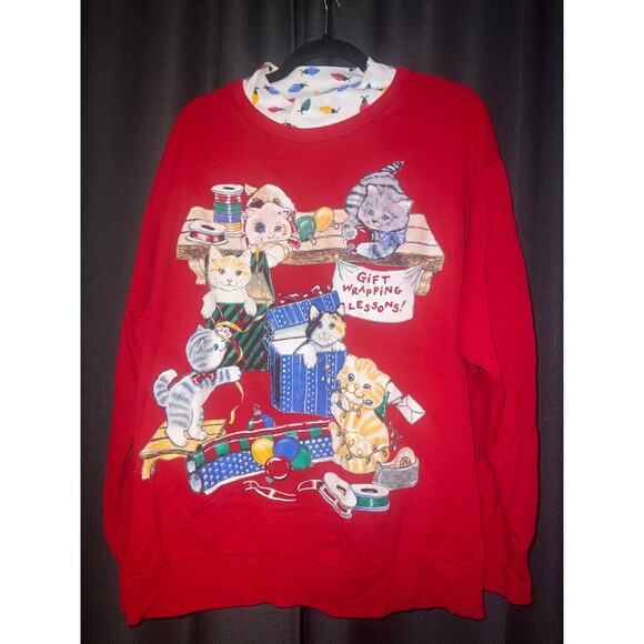 Ugly Christmas Sweater Xmas Sweatshirt Crewneck Size 2X Vintage Cat - Picture 1 of 3